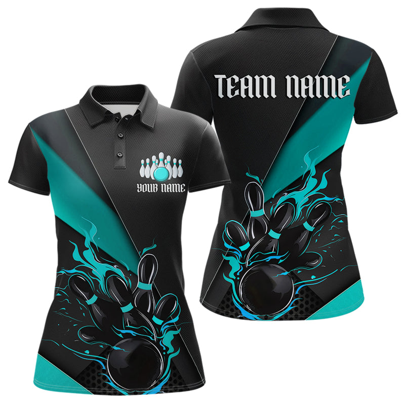 Custom Black And Blue Flame Duckpin Bowling Team Women Polo Shirt,Bowling Tournament Outfit IPHW8946