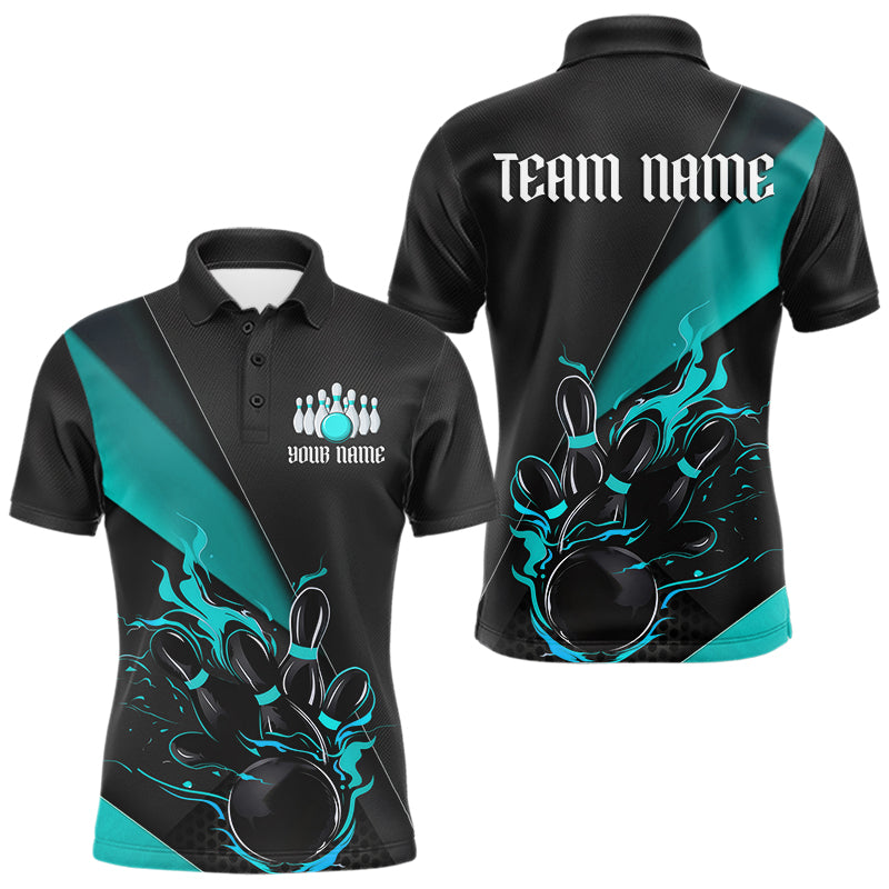 Custom Black And Blue Flame Duckpin Bowling Team Men Polo Shirts, Duckpin Tournament Outfit IPHW8946