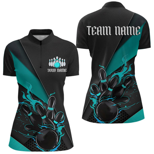 Custom Black And Blue Flame Duckpin Bowling Women Quarter-Zip Shirts, Tournament Outfit IPHW8946