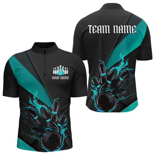Custom Black And Blue Flame Duckpin Bowling Team Men Quarter-Zip Shirts, Duckpin Tournament Outfit IPHW8946