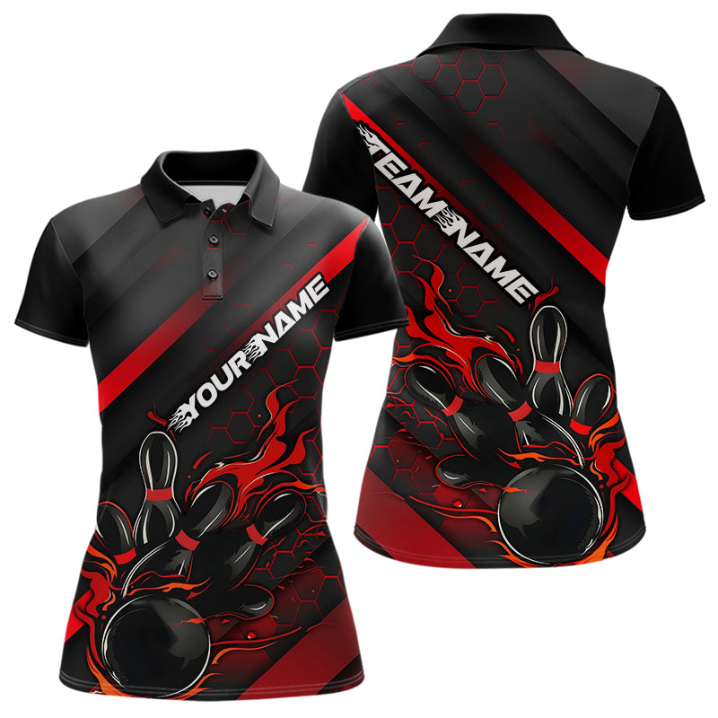 Custom Black And Red Flame Duckpin Bowling Polo Shirts For Women, Bowling Team League Shirt IPHW8947
