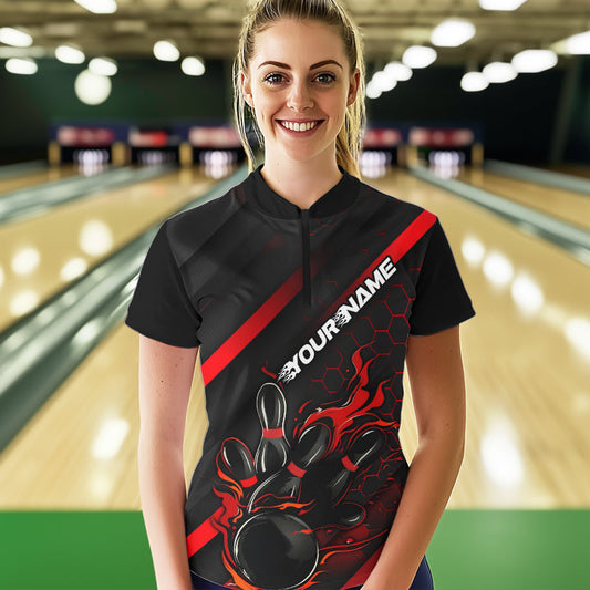 Custom Black And Red Flame Duckpin Bowling Women Quarter-Zip Shirts, Bowling League Shirt IPHW8947