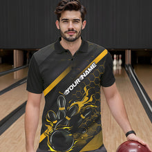 Load image into Gallery viewer, Custom Black And Yellow Flame Duckpin Bowling Polo Shirt For Men, Bowling Team League Shirt IPHW8948
