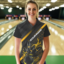 Load image into Gallery viewer, Custom Black And Yellow Flame Duckpin Bowling Women Polo Shirt, Bowling Team League Shirt IPHW8948