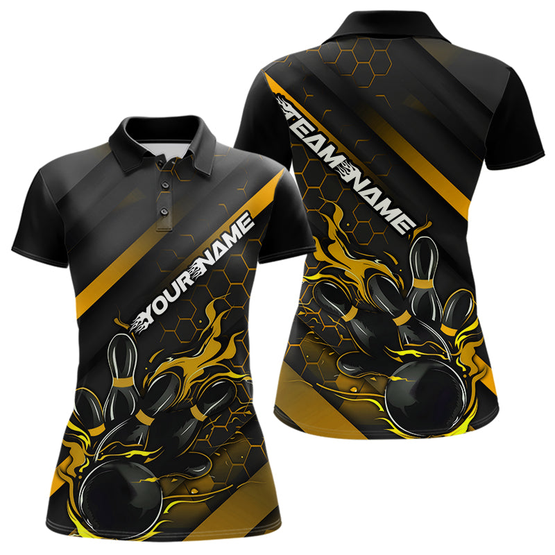 Custom Black And Yellow Flame Duckpin Bowling Women Polo Shirt, Bowling Team League Shirt IPHW8948