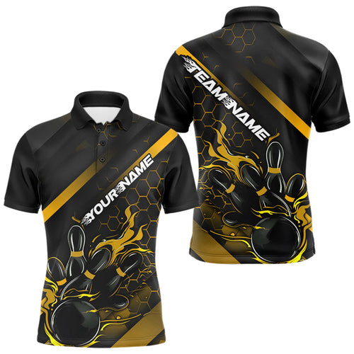 Custom Black And Yellow Flame Duckpin Bowling Polo Shirt For Men, Bowling Team League Shirt IPHW8948
