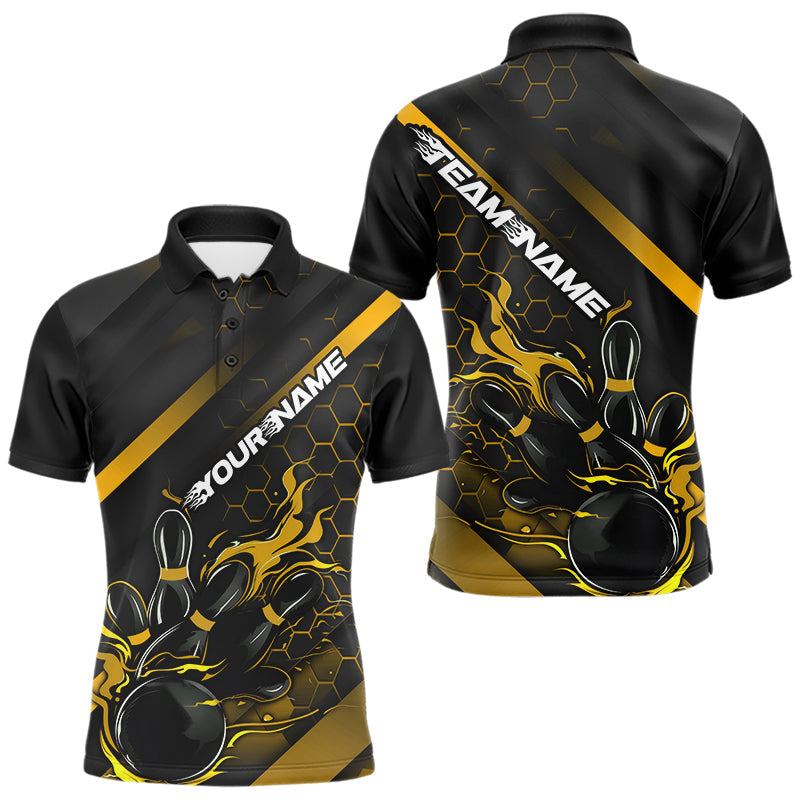 Custom Black And Yellow Flame Duckpin Bowling Polo Shirt For Men, Bowling Team League Shirt IPHW8948