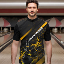 Load image into Gallery viewer, Custom Black And Yellow Flame Duckpin Bowling Quarter-Zip Shirt For Men, Bowling Team League Shirt IPHW8948
