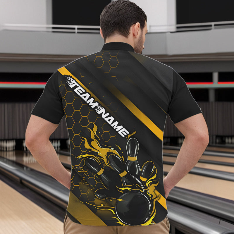 Custom Black And Yellow Flame Duckpin Bowling Quarter-Zip Shirt For Men, Bowling Team League Shirt IPHW8948