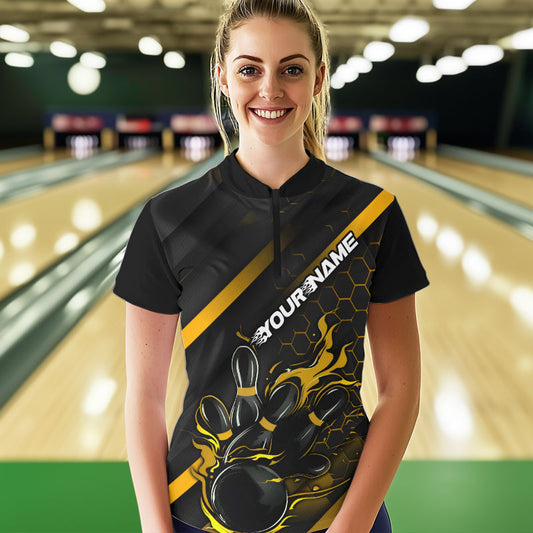 Custom Black And Yellow Flame Duckpin Women Bowling Quarter-Zip Shirt, Bowling League Shirt IPHW8948
