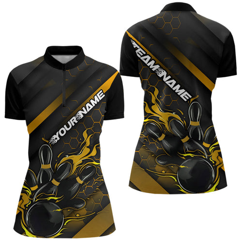 Custom Black And Yellow Flame Duckpin Women Bowling Quarter-Zip Shirt, Bowling League Shirt IPHW8948