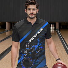Load image into Gallery viewer, Custom Black And Blue Flame Duckpin Bowling Polo Shirts For Men, Bowling Team League Shirt IPHW8949