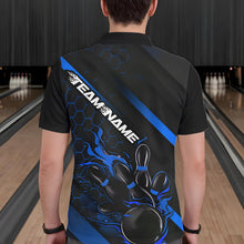 Load image into Gallery viewer, Custom Black And Blue Flame Duckpin Bowling Polo Shirts For Men, Bowling Team League Shirt IPHW8949