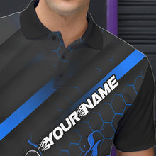 Load image into Gallery viewer, Custom Black And Blue Flame Duckpin Bowling Polo Shirts For Men, Bowling Team League Shirt IPHW8949