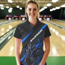 Load image into Gallery viewer, Custom Black And Blue Flame Duckpin Bowling Polo Shirt For Women, Bowling Team League Shirt IPHW8949