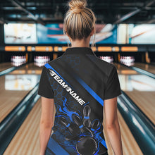 Load image into Gallery viewer, Custom Black And Blue Flame Duckpin Bowling Polo Shirt For Women, Bowling Team League Shirt IPHW8949