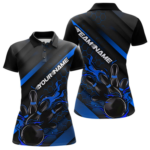Custom Black And Blue Flame Duckpin Bowling Polo Shirt For Women, Bowling Team League Shirt IPHW8949