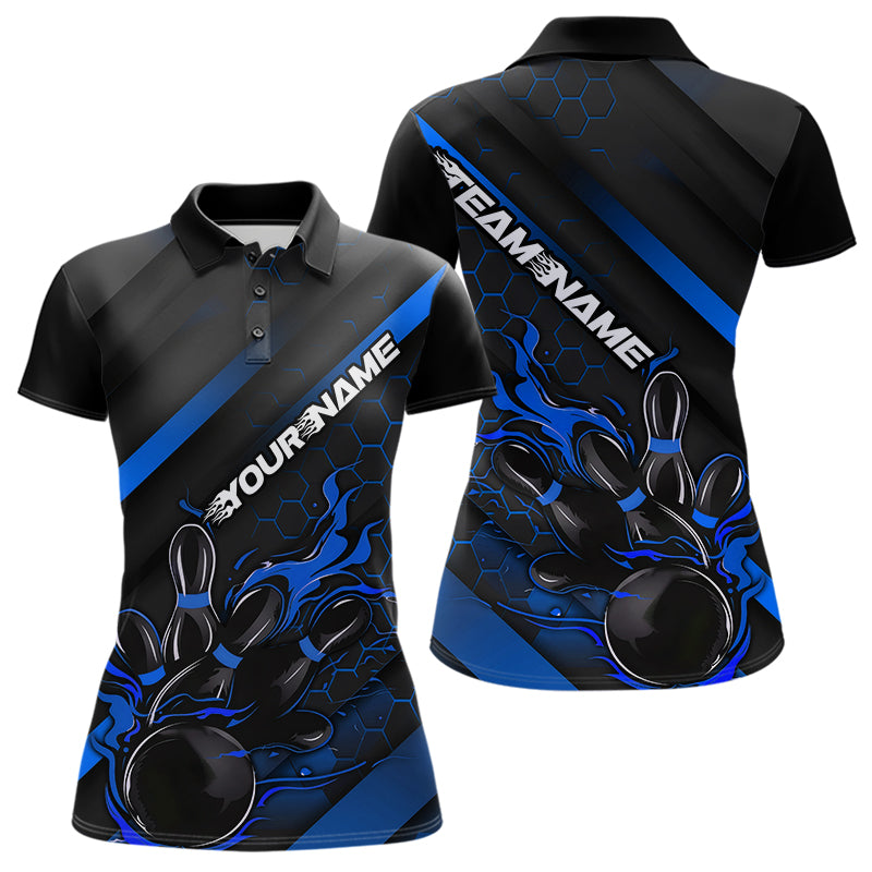 Custom Black And Blue Flame Duckpin Bowling Polo Shirt For Women, Bowling Team League Shirt IPHW8949