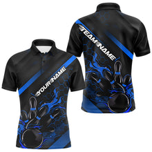 Load image into Gallery viewer, Custom Black And Blue Flame Duckpin Bowling Polo Shirts For Men, Bowling Team League Shirt IPHW8949
