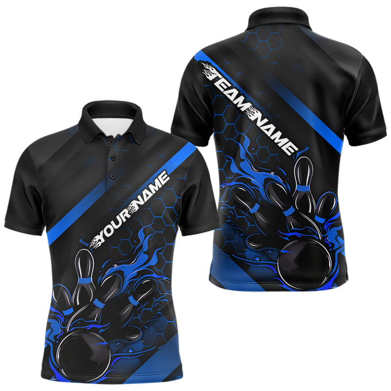 Custom Black And Blue Flame Duckpin Bowling Polo Shirts For Men, Bowling Team League Shirt IPHW8949
