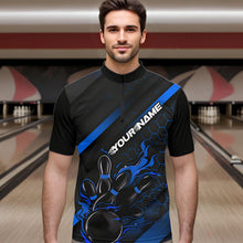 Load image into Gallery viewer, Custom Black And Blue Flame Duckpin Bowling Quarter-Zip Shirts For Men, Bowling Team League Shirt IPHW8949