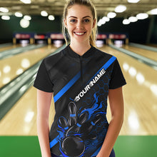 Load image into Gallery viewer, Custom Black And Blue Flame Duckpin Bowling Women Quarter-Zip Shirts, Bowling League Shirt IPHW8949