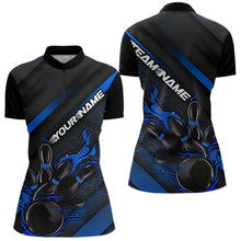 Load image into Gallery viewer, Custom Black And Blue Flame Duckpin Bowling Women Quarter-Zip Shirts, Bowling League Shirt IPHW8949
