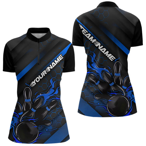 Custom Black And Blue Flame Duckpin Bowling Women Quarter-Zip Shirts, Bowling League Shirt IPHW8949