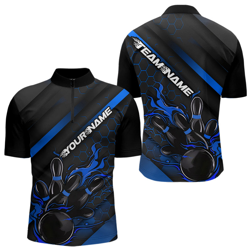 Custom Black And Blue Flame Duckpin Bowling Quarter-Zip Shirts For Men, Bowling Team League Shirt IPHW8949