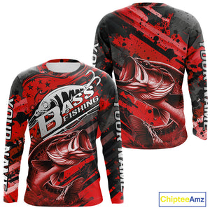Custom Name Red Camo Bass Fishing Jerseys, Largemouth Bass Long Sleeve Fishing Shirt IPHW9187