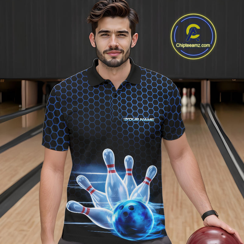 Custom Black And Blue Hexagon Flame Bowling Polo Shirts For Men, Bowling Team Shirt IPHW9389