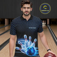 Load image into Gallery viewer, Custom Black And Blue Hexagon Flame Bowling Polo Shirts For Men, Bowling Team Shirt IPHW9389