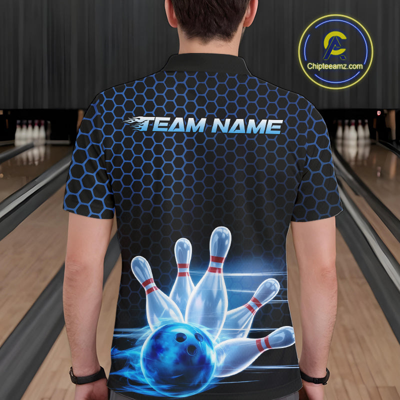 Custom Black And Blue Hexagon Flame Bowling Polo Shirts For Men, Bowling Team Shirt IPHW9389