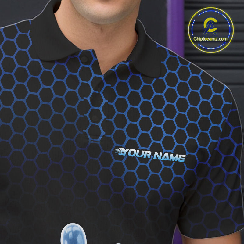 Custom Black And Blue Hexagon Flame Bowling Polo Shirts For Men, Bowling Team Shirt IPHW9389