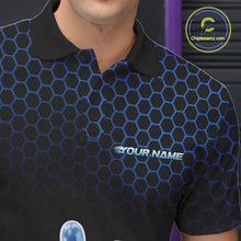 Load image into Gallery viewer, Custom Black And Blue Hexagon Flame Bowling Polo Shirts For Men, Bowling Team Shirt IPHW9389