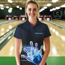 Load image into Gallery viewer, Custom Black And Blue Hexagon Flame Bowling Polo Shirts For Women, Bowling Team Shirt IPHW9389