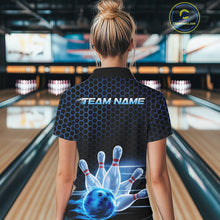 Load image into Gallery viewer, Custom Black And Blue Hexagon Flame Bowling Polo Shirts For Women, Bowling Team Shirt IPHW9389