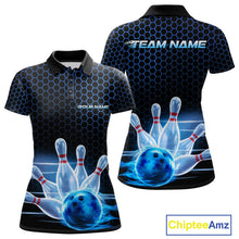 Load image into Gallery viewer, Custom Black And Blue Hexagon Flame Bowling Polo Shirts For Women, Bowling Team Shirt IPHW9389