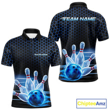 Load image into Gallery viewer, Custom Black And Blue Hexagon Flame Bowling Polo Shirts For Men, Bowling Team Shirt IPHW9389