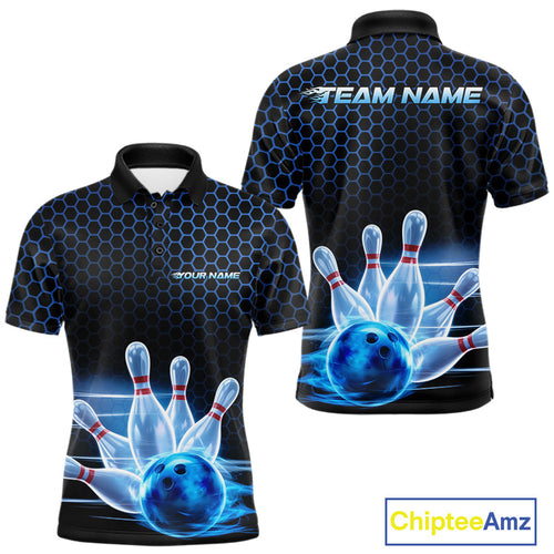 Custom Black And Blue Hexagon Flame Bowling Polo Shirts For Men, Bowling Team Shirt IPHW9389