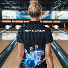Load image into Gallery viewer, Custom Black And Blue Hexagon Flame Bowling Women Quarter-Zip Shirts, Bowling Team Shirt IPHW9389