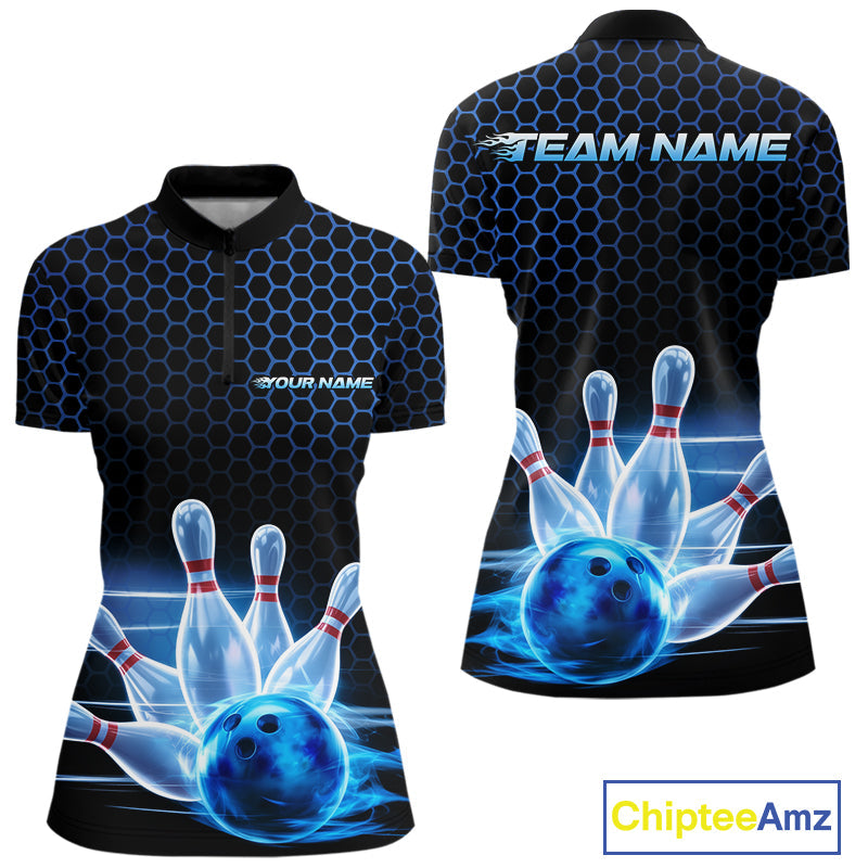 Custom Black And Blue Hexagon Flame Bowling Women Quarter-Zip Shirts, Bowling Team Shirt IPHW9389