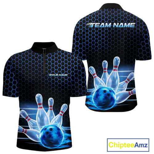 Custom Black And Blue Hexagon Flame Bowling Quarter-Zip Shirts For Men, Bowling Team Shirt IPHW9389