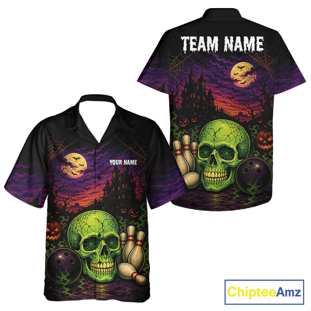 Custom Halloween Skull Bowling Men And Women Button Up Shirt, Halloween Bowlers Outfit IPHW11945