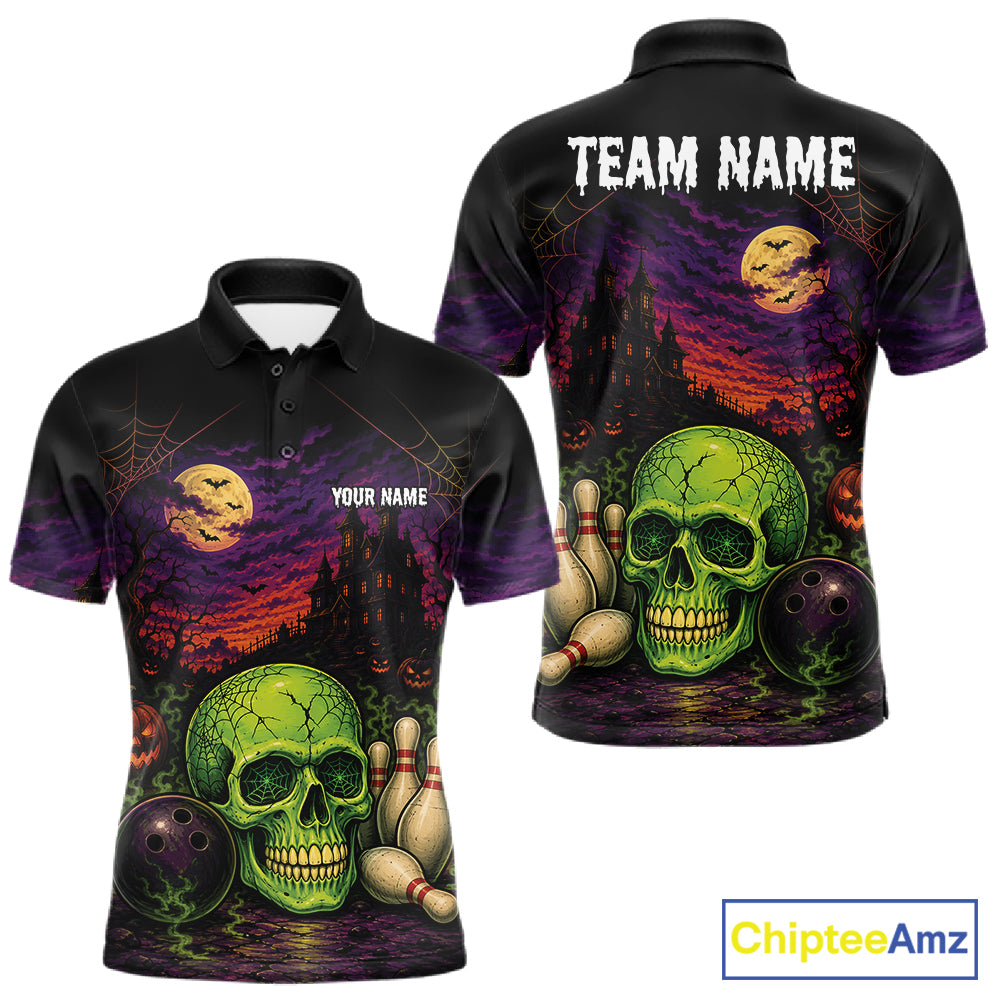 Custom Halloween Skull Bowling Men Polo Shirt, Halloween Bowlers Outfit IPHW11945