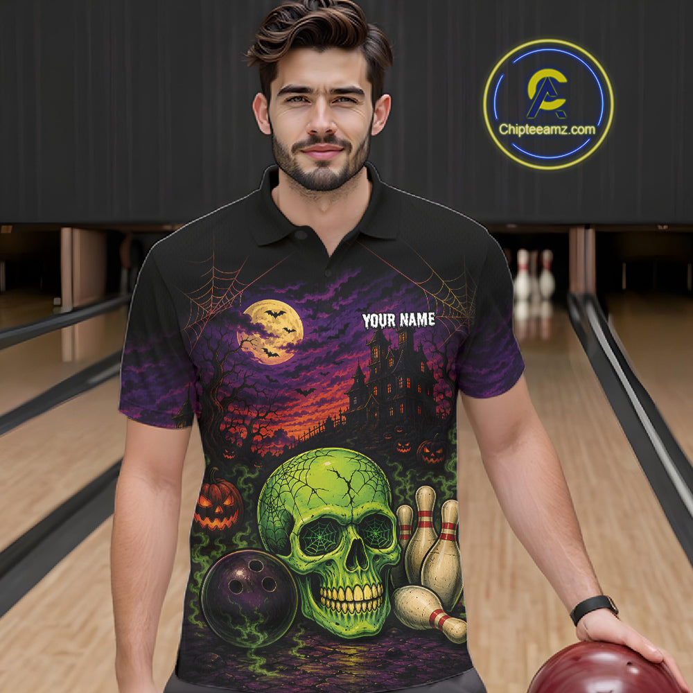 Custom Halloween Skull Bowling Men Polo Shirt, Halloween Bowlers Outfit IPHW11945