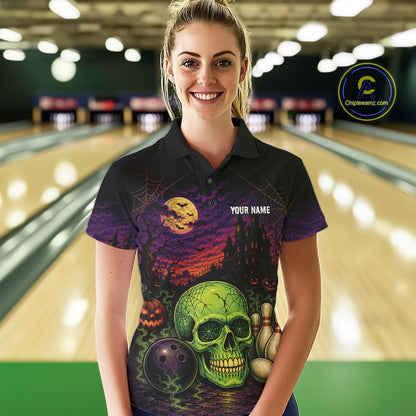 Custom Halloween Skull Bowling Women Polo Shirt, Halloween Bowlers Outfit IPHW11945