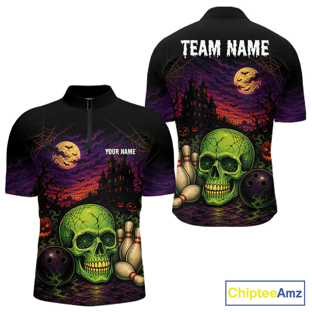 Custom Halloween Skull Bowling Men Quarter Zip Shirt, Halloween Bowlers Outfit IPHW11945