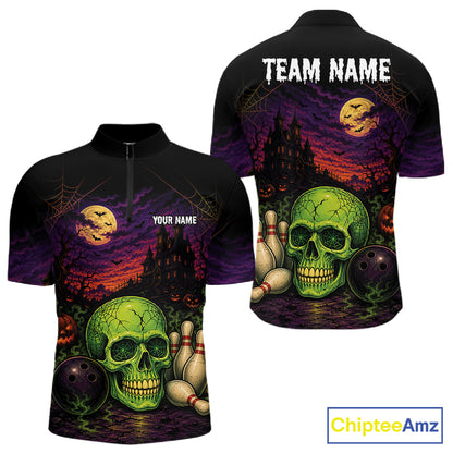 Custom Halloween Skull Bowling Men Quarter Zip Shirt, Halloween Bowlers Outfit IPHW11945
