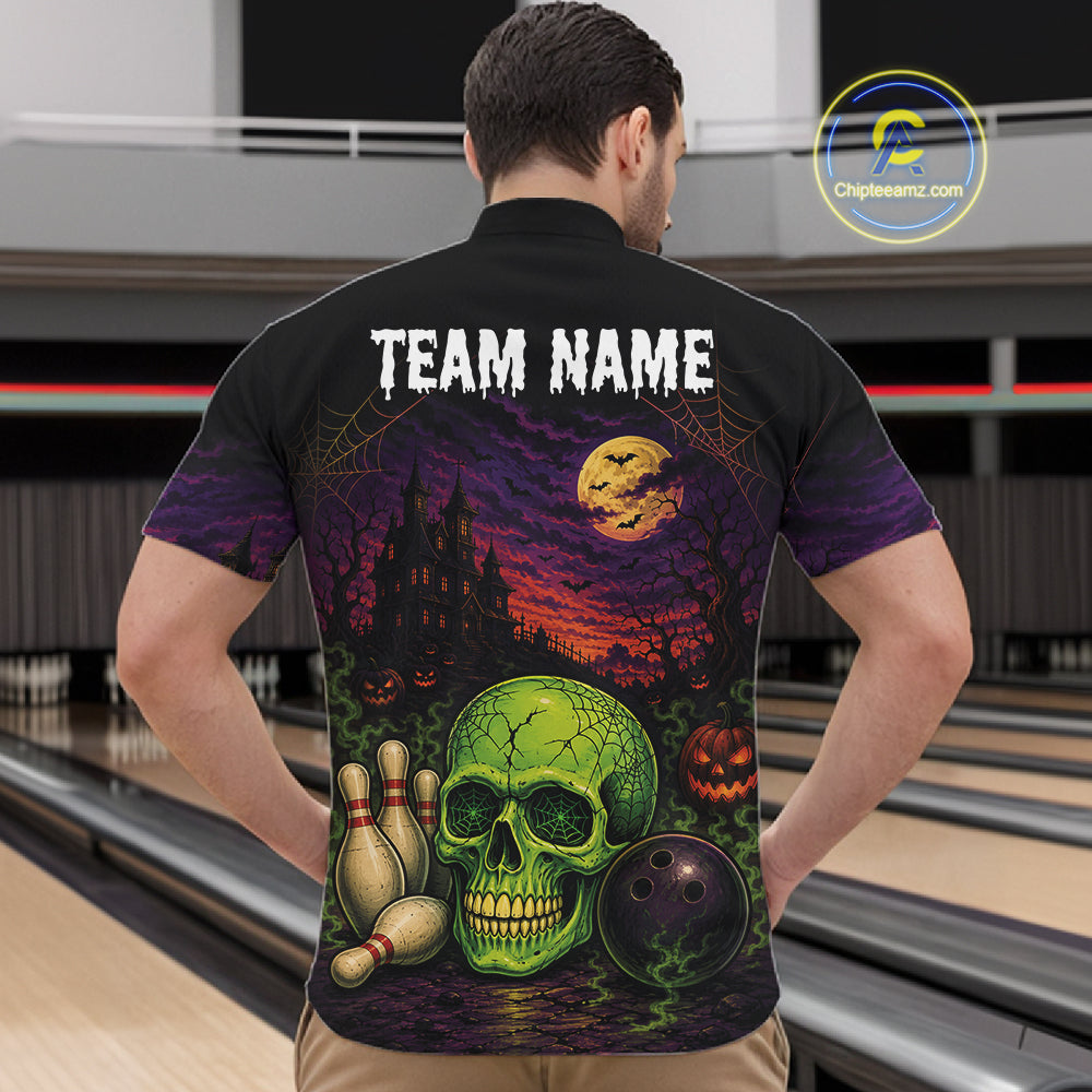 Custom Halloween Skull Bowling Men Quarter Zip Shirt, Halloween Bowlers Outfit IPHW11945